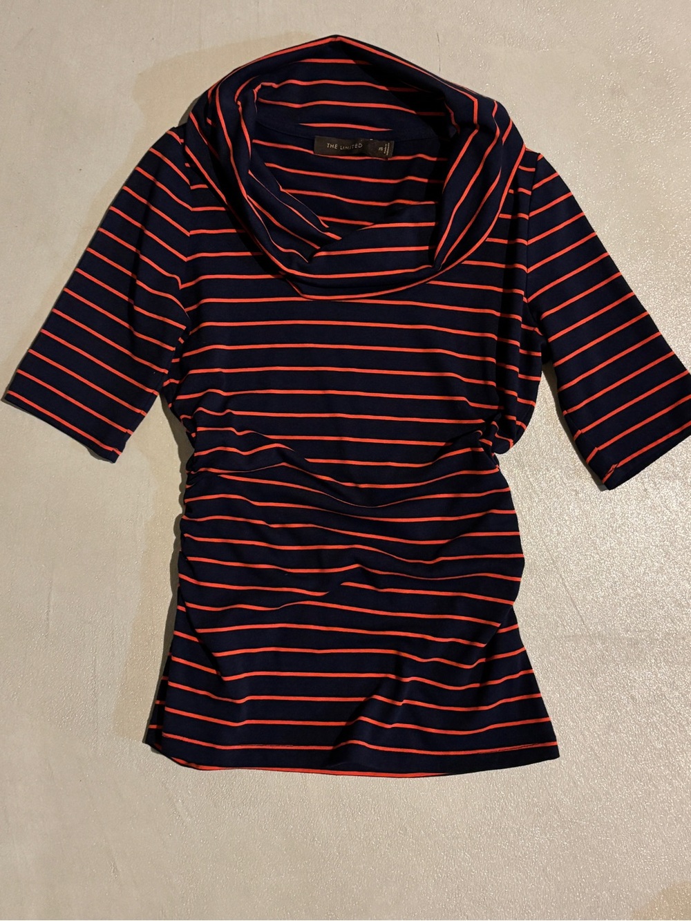 The Limited Striped Cowl Neck Ruched Top Navy Blue Orange XS